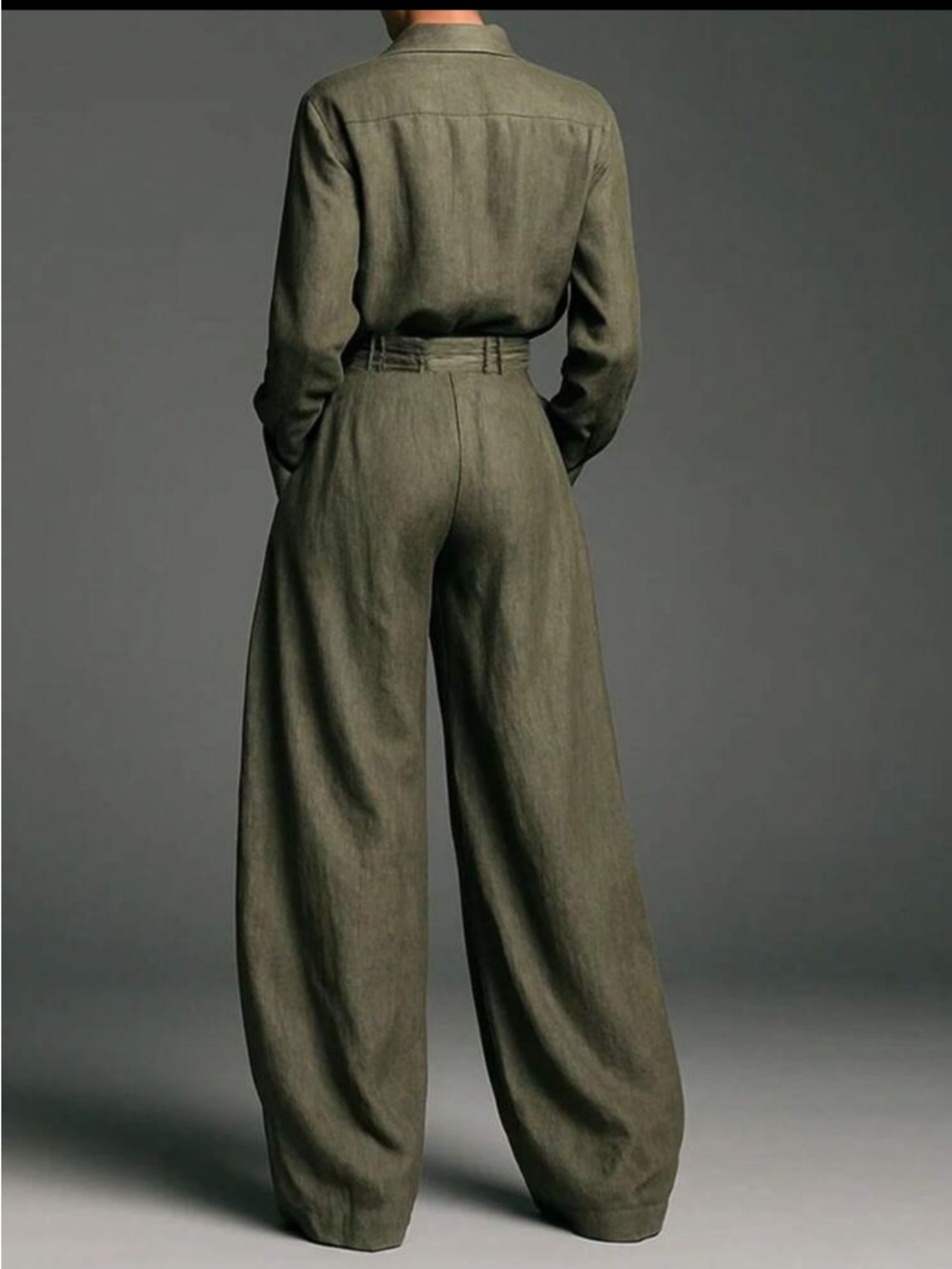 High-Waist Olive Green Wide-Leg Pants and shirt - Picture 3 of 6
